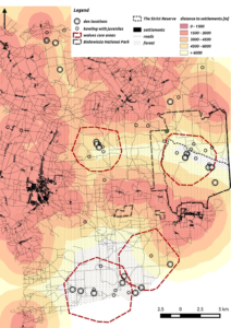 Wolf pack territories in Białowieża Forest mapped against the forest boundary