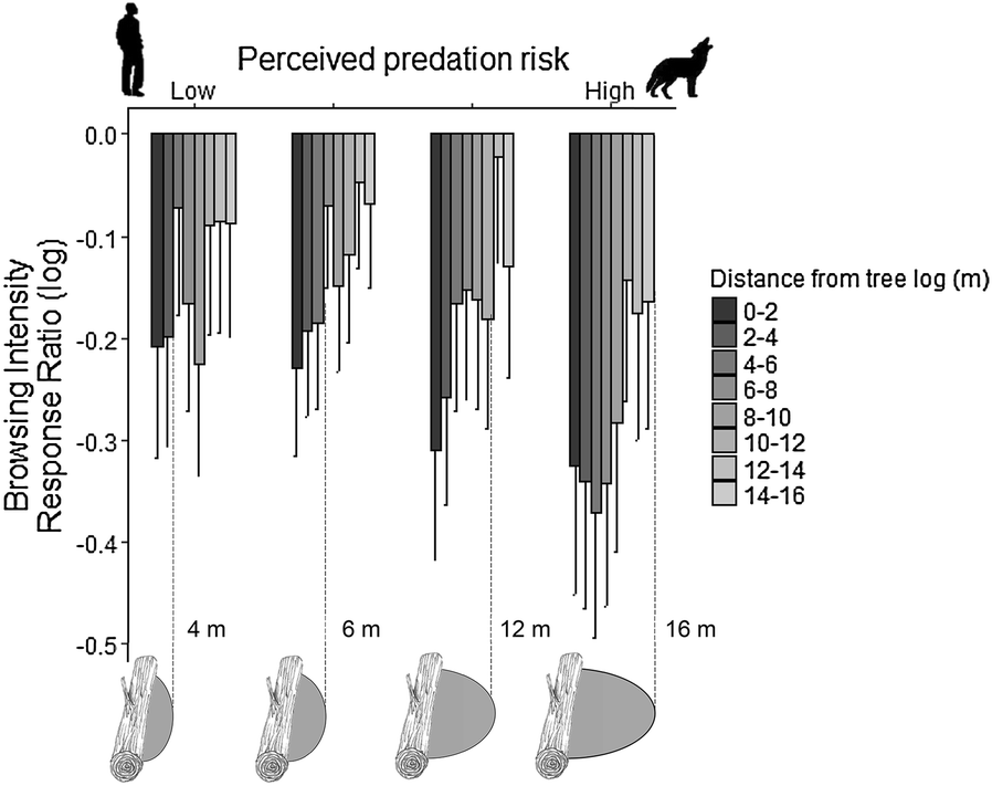 Chart showing how tree logs modify wolf impacts on forest regeneration at different predation risk levels